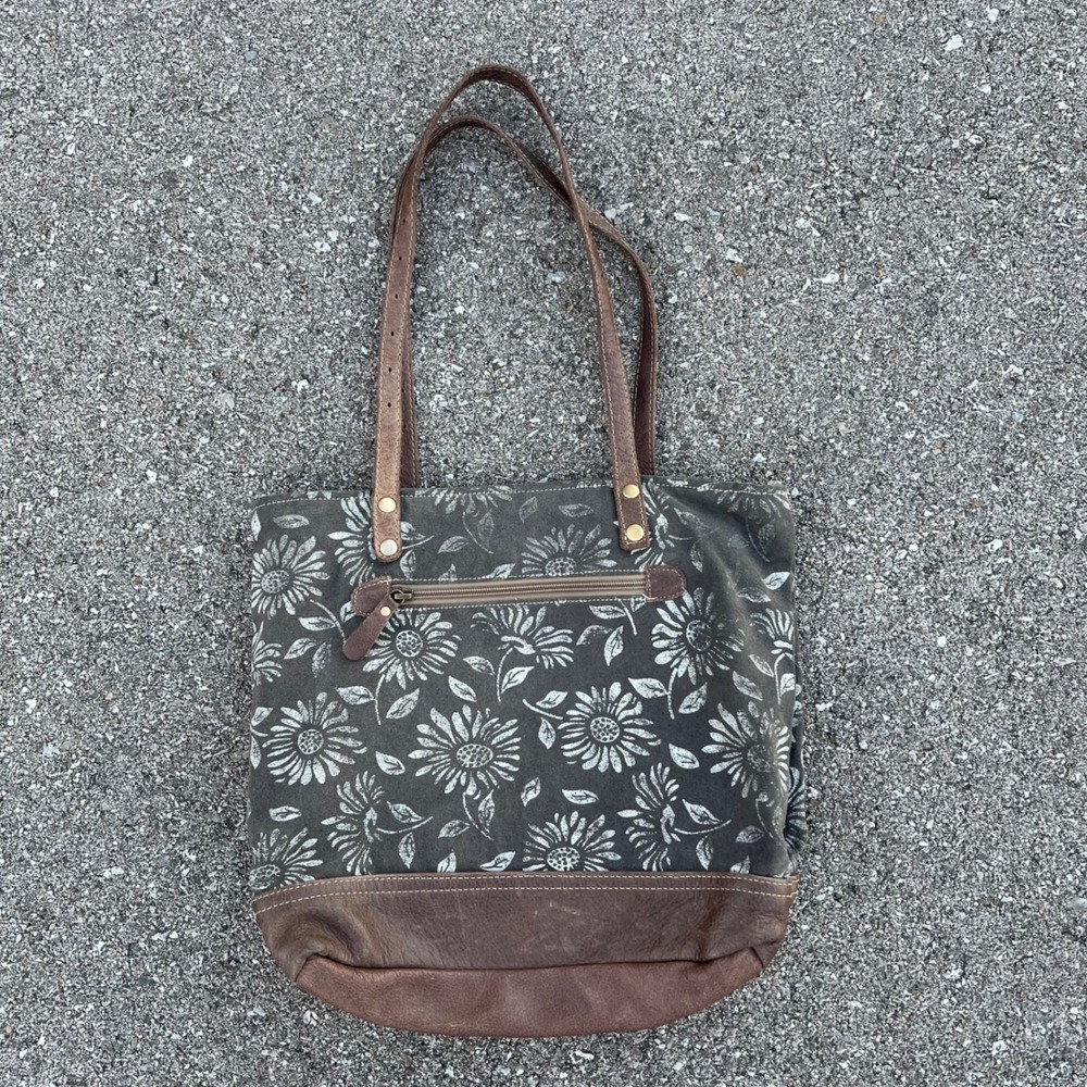 Myra Bag Sunflower Canvas and Leather Tote Bag Grey Brown Floral Shoulder Boho